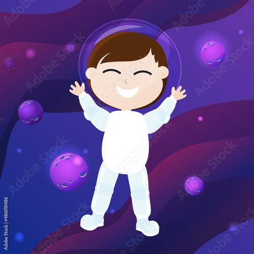 A cute and adorable little boy dressed as an astronaut flies in space. Space and planets in cartoon style. The mood of joy, fun, childhood and dreams.