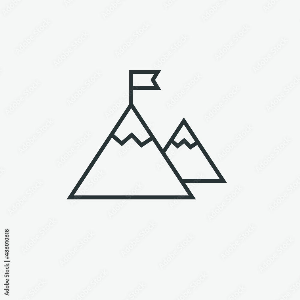 Mountain with a flag, peak, mission, goal icon vector on grey background. Mountain with a flag, peak, mission, goal icon vector on grey background.
