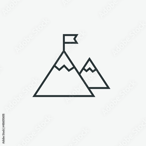 Mountain with a flag, peak, mission, goal icon vector on grey background.