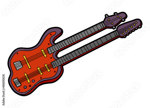 Cartoon illustration, Two neck guitar. Colorful musical instrument