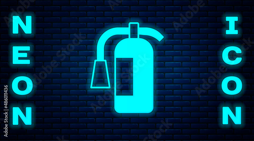 Glowing neon Fire extinguisher icon isolated on brick wall background. Vector