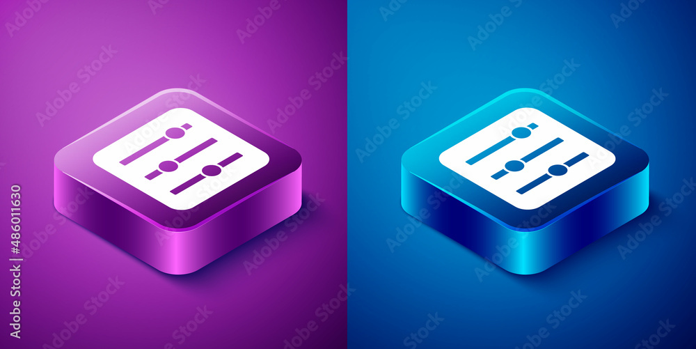 Isometric Sound mixer controller icon isolated on blue and purple background. Dj equipment slider buttons. Mixing console. Square button. Vector Isometric Sound mixer controller icon isolated on blue and purple background. Dj equipment slider buttons. Mixing console. Square button. Vector