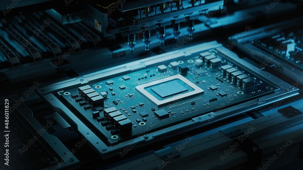 Shot of Generic Printed Circuit board with Microchips and other Components During Production Process. Electronics Manufacturing. Dark Environment Shot of Generic Printed Circuit board with Microchips and other Components During Production Process. Electronics Manufacturing. Dark Environment