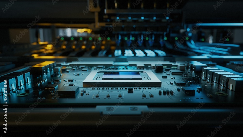 Macro Shot of Generic Printed Circuit board with Microchips and other Components During Production Process. Electronics Manufacturing. Dark Environment Macro Shot of Generic Printed Circuit board with Microchips and other Components During Production Process. Electronics Manufacturing. Dark Environment