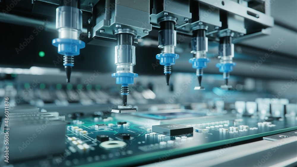 Automatic Pick and Place machine quickly installs Components on Generic Circuit Board. Electronics and Circuit board Manufacturing. Bright Environment Automatic Pick and Place machine quickly installs Components on Generic Circuit Board. Electronics and Circuit board Manufacturing. Bright Environment