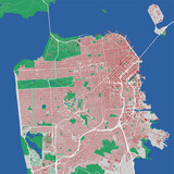 San Francisco vector map. Detailed map of San Francisco city administrative area. Cityscape panorama. Road Map with buildings, water, forest.
