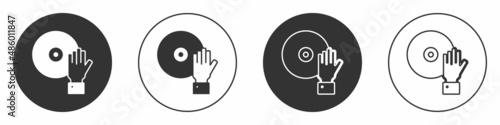 Black DJ playing music icon isolated on white background. Circle button. Vector