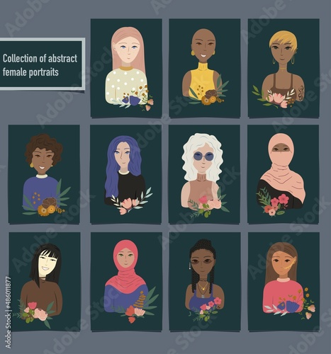 Portraits of beautiful women of different skin color, age, hairstyle, face types. Avatars of diverse fashionable female characters isolated on white background. Flat vector cartoon illustration.