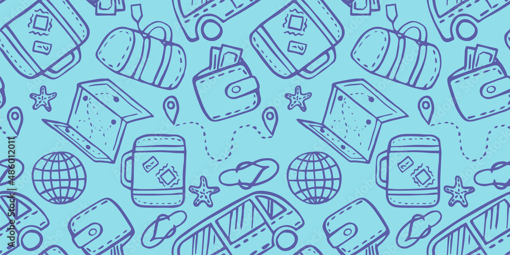 set seamless pattern of illustration with doodles on the theme of time for travel. Colorful background on the theme of adventure and travel, wandering. Vector illustration set seamless pattern of illustration with doodles on the theme of time for travel. Colorful background on the theme of adventure and travel, wandering. Vector illustration