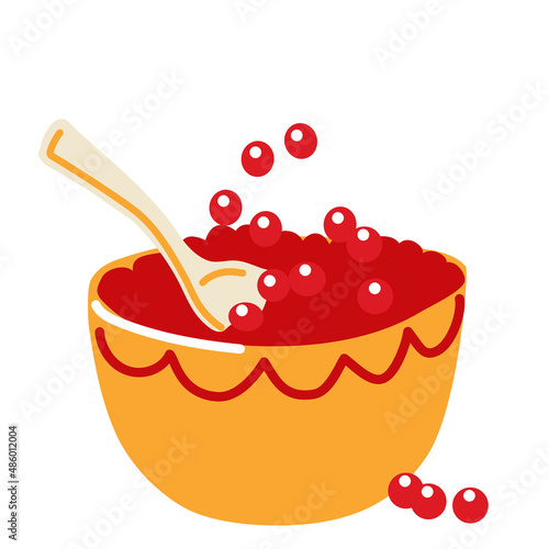 A cup of red caviar for Maslenitsa. Russian traditions on the holiday. Vector isolate on a white background