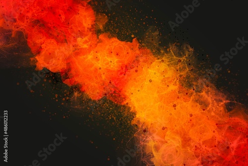 黒背景にアルコールインクアート）赤とオレンジと黄色の光 炎やエネルギーや熱 ダーク うねり 抽象的 © Queso