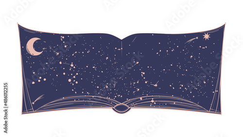 Open book with stars and constellations on a blue sky background. Vector illustration with place for text for astrology, tarot, horoscope. Mystical boho background.
