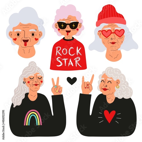 Cheerful smiling old women fashion set. Happy grandmother illustration sticker pack. Cartoon vector flat print design on white background.