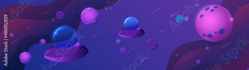 A group of flying saucers in open and mysterious space. Horizontal banner for the World Day of UFO. The mood of mysticism and the unknown in purple and blue colors.