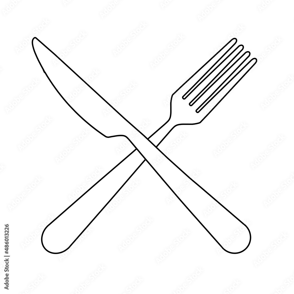 Crossed fork and knife, symbol for menu or restaurant, black outline icon isolated on white background Crossed fork and knife, symbol for menu or restaurant, black outline icon isolated on white background
