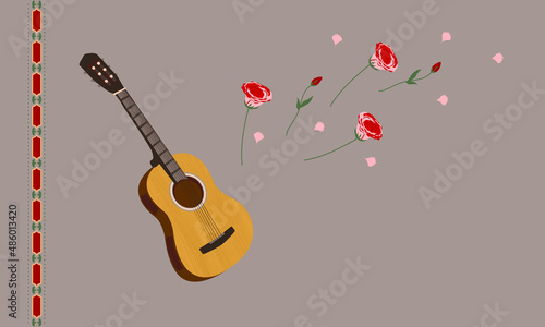 Guitar and flowers background with copy space