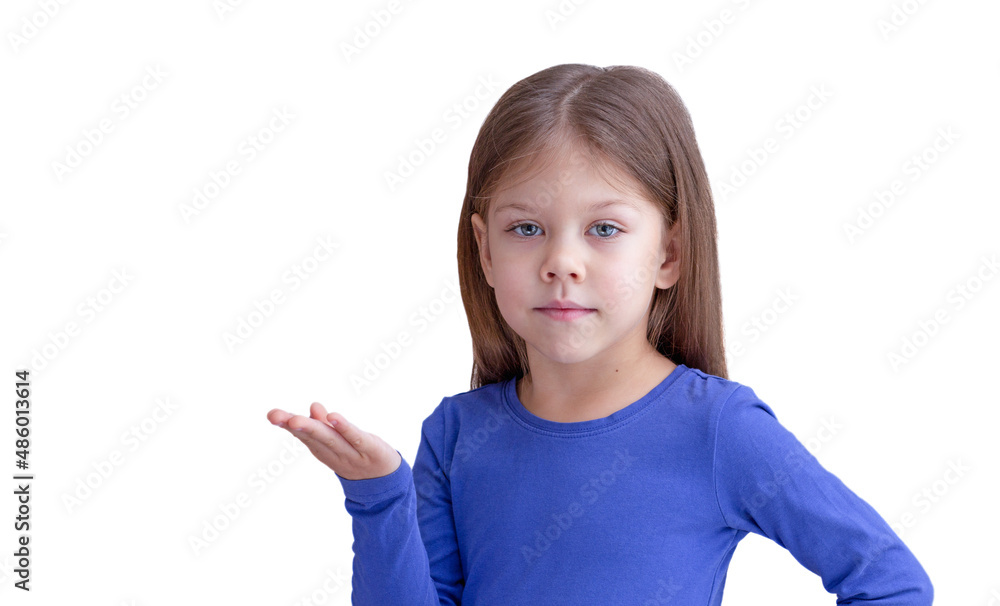 Cute calm little girl holding hand showing something you could put on Cute calm little girl holding hand showing something you could put on