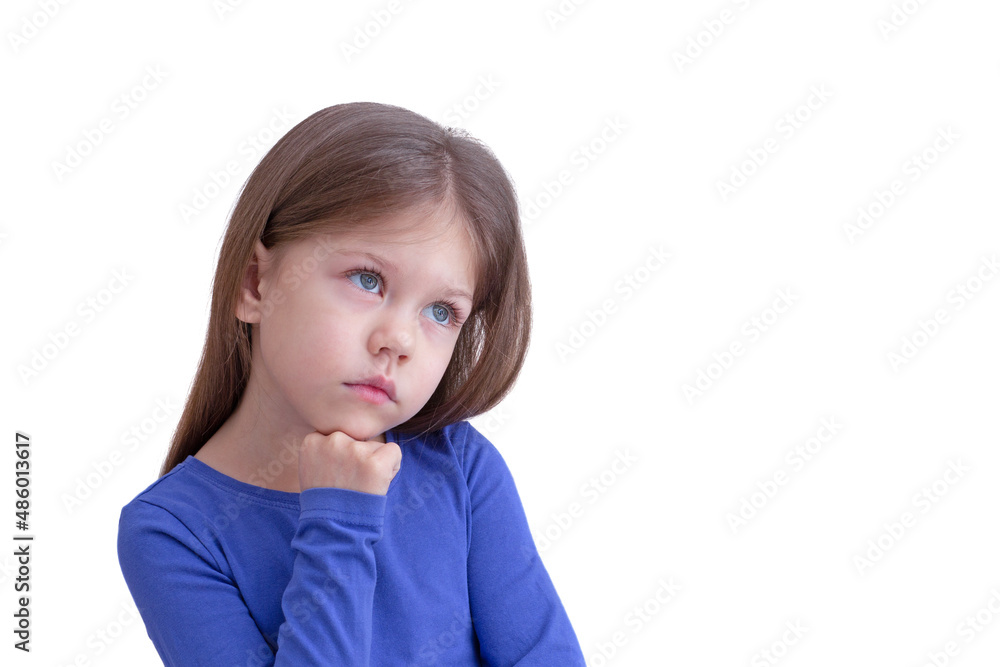 Thinking boring dreaming little girl holding hand on chin Thinking boring dreaming little girl holding hand on chin