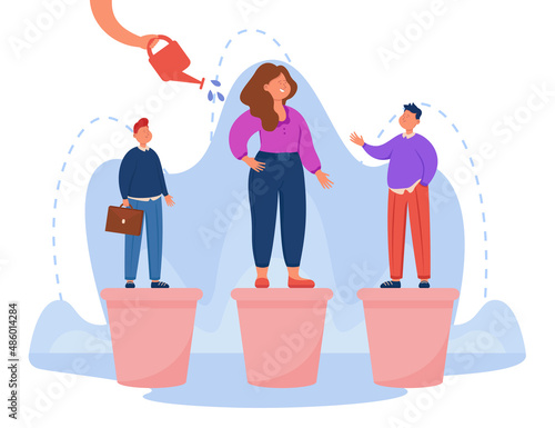 Hand watering business person in flowerpot. Professional people training and growing flat vector illustration. Career growth, development concept for banner, website design or landing web page