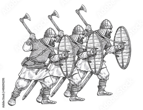 Vikings attack. Norman warrior in battle. Medieval knight illustration.	 photo