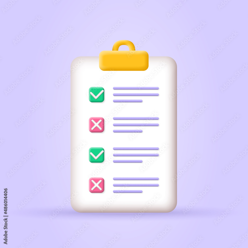 Checklist on clipboard. 3d check list icon. Paper, document with note or task. Test, business survey with check or tick marks and cross symbols. Vector illustration. Checklist on clipboard. 3d check list icon. Paper, document with note or task. Test, business survey with check or tick marks and cross symbols. Vector illustration.