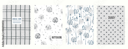 Set of cover page templates with dandelions and and hand drawn grid patterns. Based on seamless patterns. Headers isolated and replaceable. Perfect for school notebooks, notepads, diaries, etc