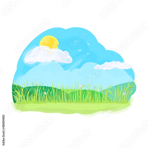 Summer green grass, fields, blue sky, clouds and sun. Beautiful frame in cartoon style. Vector Illustration.
