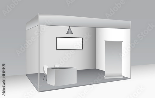 set of realistic trade exhibition stand or white blank exhibition kiosk or stand booth corporate commercial. eps vector photo