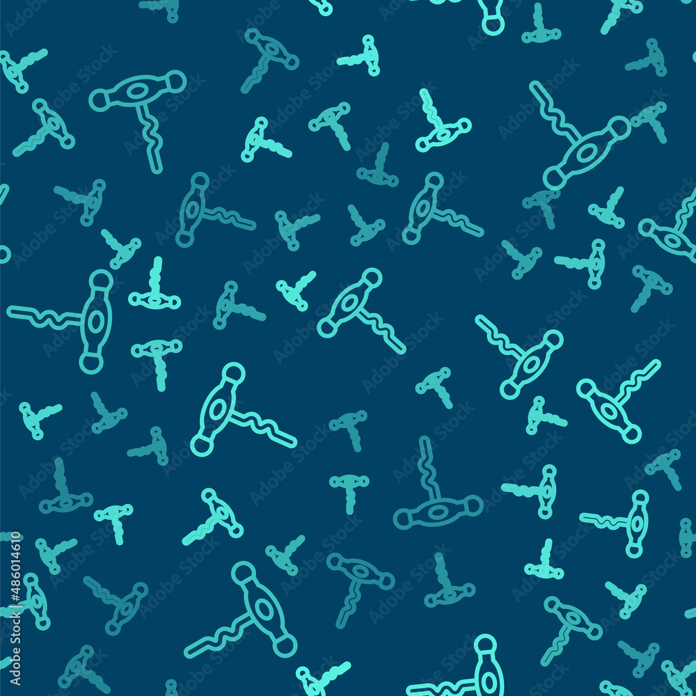 Green line Wine corkscrew icon isolated seamless pattern on blue background. Vector