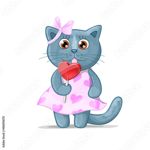 Blue British cat girl with heart shaped candy. Vector Illustration