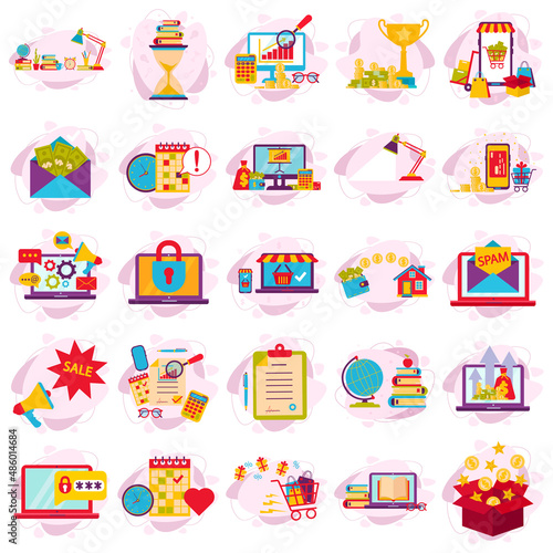 Vector set of colored flat business icons. Business kit.