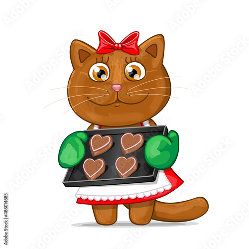 Cartoon cinnamon British cat girl with heart shaped cookies. Vector Illustration