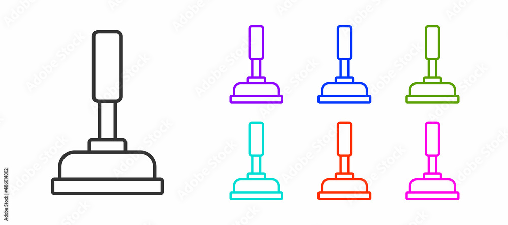 Black line Rubber plunger with wooden handle for pipe cleaning icon isolated on white background. Toilet plunger. Set icons colorful. Vector Black line Rubber plunger with wooden handle for pipe cleaning icon isolated on white background. Toilet plunger. Set icons colorful. Vector