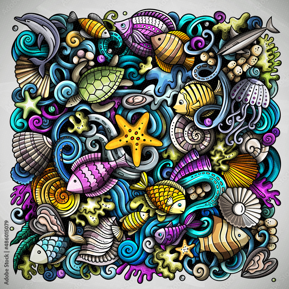 Fototapeta premium Cartoon vector doodles Underwater world illustration