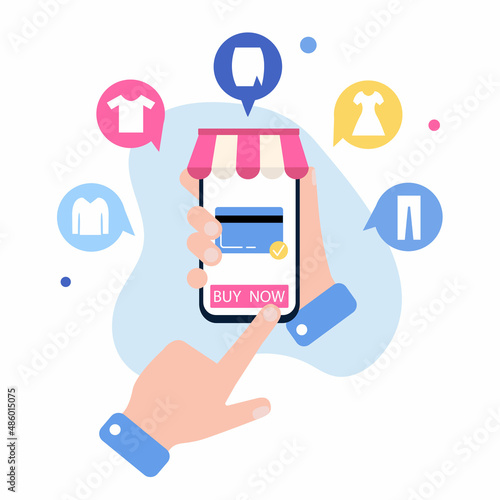 Online shopping. Hand holding smartphone with credit card and button "buy now" on the screen. Different goods, clothes in bubbles. Click to pay. Cartoon vector illustration. Good for banner