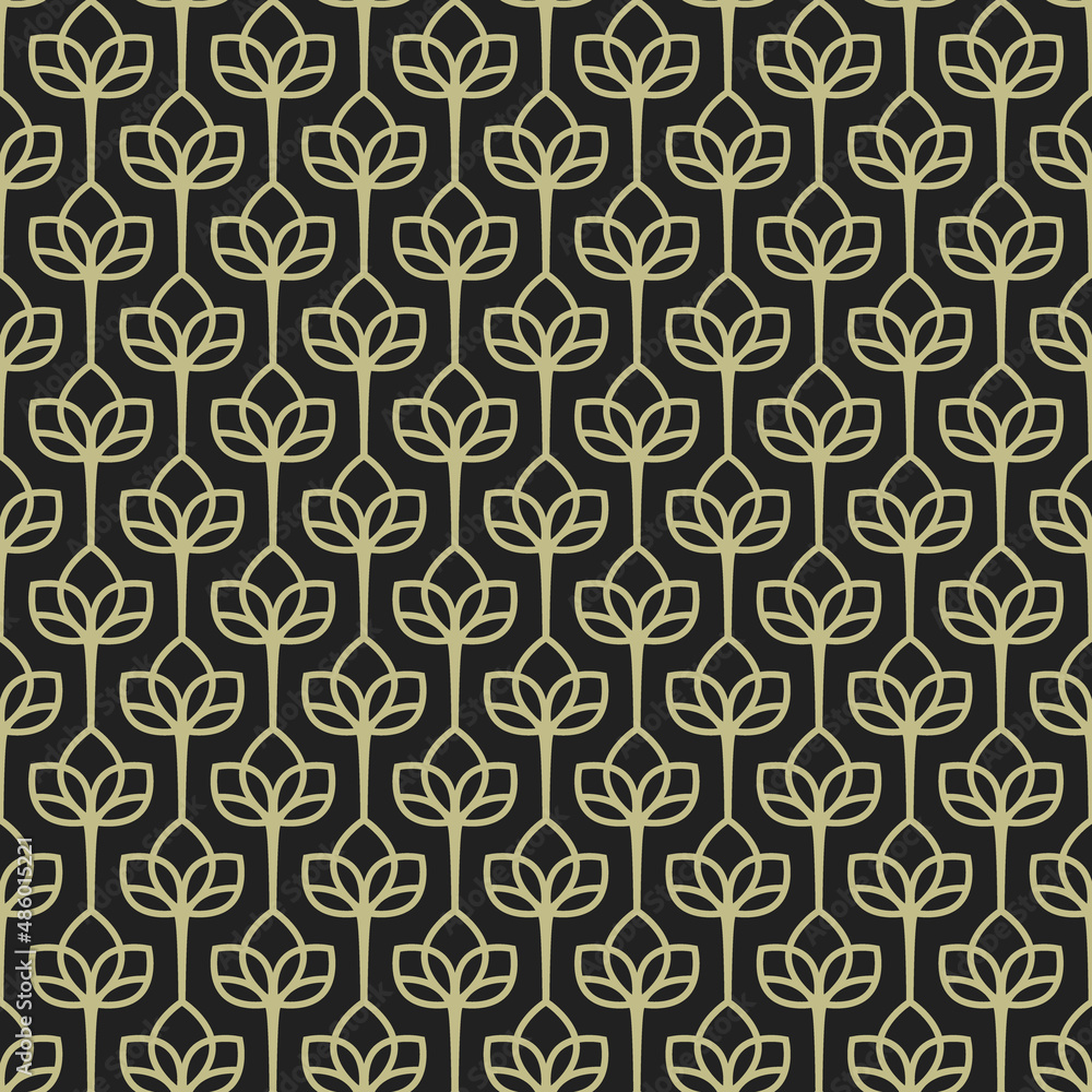 Seamless floral ornate pattern with golden leaves or flowers on black. Luxury wallpaper. Nature vector texture. Art deco style.