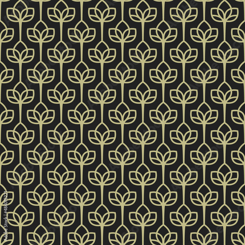 Seamless floral ornate pattern with golden leaves or flowers on black. Luxury wallpaper. Nature vector texture. Art deco style.