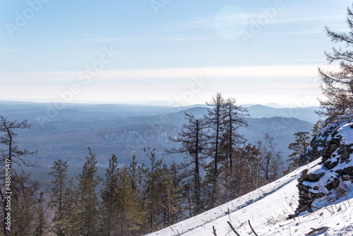 Winter landscape. Sugomak mountain, Chelyabinsk region, South Ural, Russia.