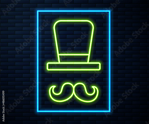 Glowing neon line Magician icon isolated on brick wall background. Vector