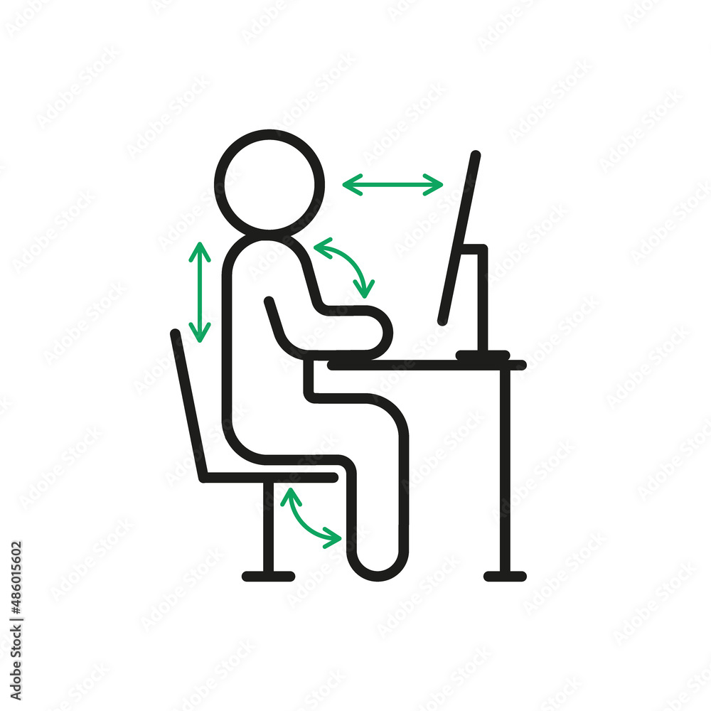 Correct health posture of sitting on computer, right ergonomic workstation. Worker sitting at desk with right pose body for healthy back. Health work position rule. Vector sign line illustration Correct health posture of sitting on computer, right ergonomic workstation. Worker sitting at desk with right pose body for healthy back. Health work position rule. Vector sign line illustration