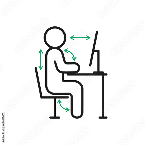 Correct health posture of sitting on computer, right ergonomic workstation. Worker sitting at desk with right pose body for healthy back. Health work position rule. Vector sign line illustration