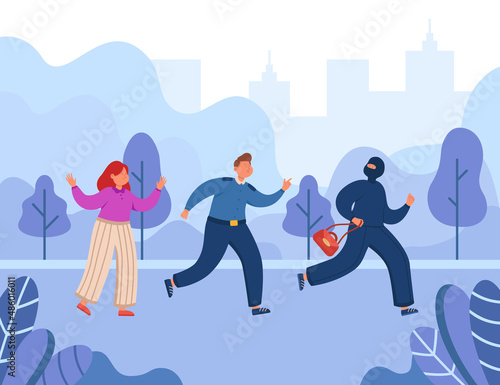 Police officer running after thief with bag of woman. Policeman arresting criminal, man under arrest flat vector illustration. Security, law concept for banner, website design or landing web page
