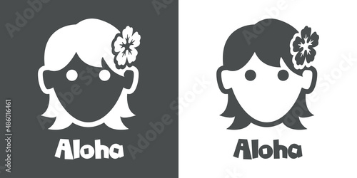 Vacaciones en Hawaii. Logotipo con texto Aloha con silueta de cara de chica con flor de hibisco en fondo gris y fondo blanco