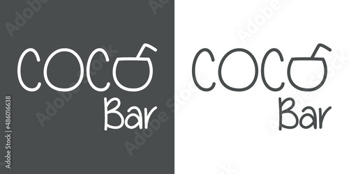 Beach bar. Logotipo de bebida de agua de coco. Banner con texto Coco Bar con coco con forma de letra O con líneas en fondo gris y fondo blanco