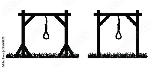 Gallows glyph icon or logo, hang and knot, rope sign. Hangman or hangwoman noose knot prevention day suport and depression therapy suicide concept. Vector Gallow symbol. Halloween holiday sign.