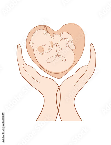 Two hands hold a baby, the concept of motherhood, childhood protection, love for children, pregnancy. Pediatrics icon, cute newborn baby logo. Artline vector illustration isolated on white background.