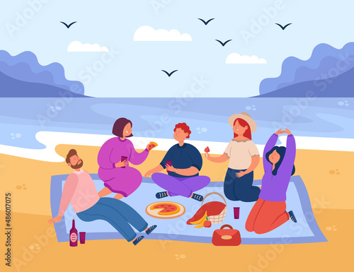 Group of happy cartoon friends having picnic on beach. Smiling men and women eating and drinking outside near ocean  people having lunch on sea shore flat vector illustration. Summer  nature concept