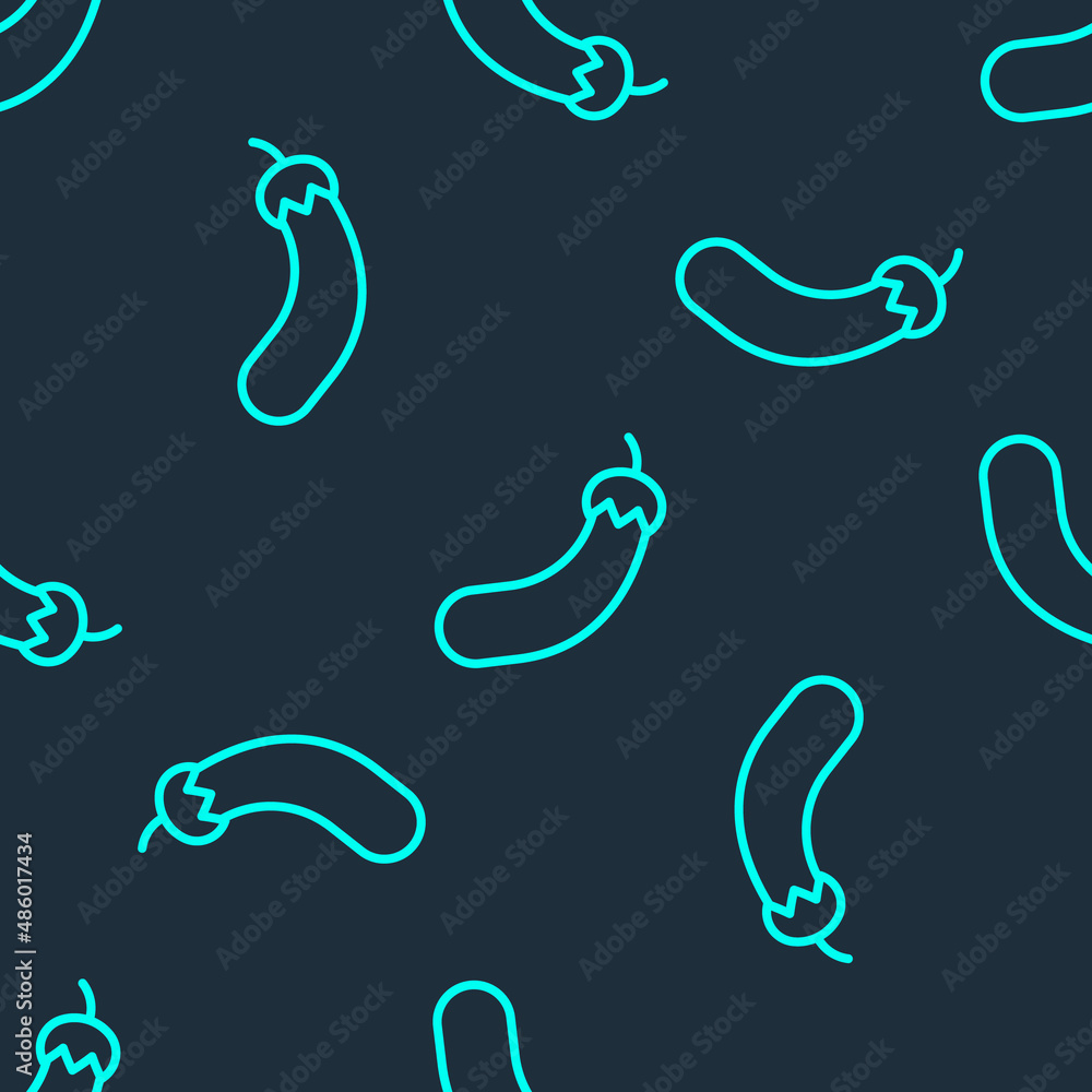Obraz premium Green line Eggplant icon isolated seamless pattern on blue background. Vector