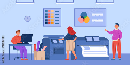 Cartoon humans working at printing house or company. Offset printing service, workers using printers at print shop or agency flat vector illustration. Technology, production concept for banner