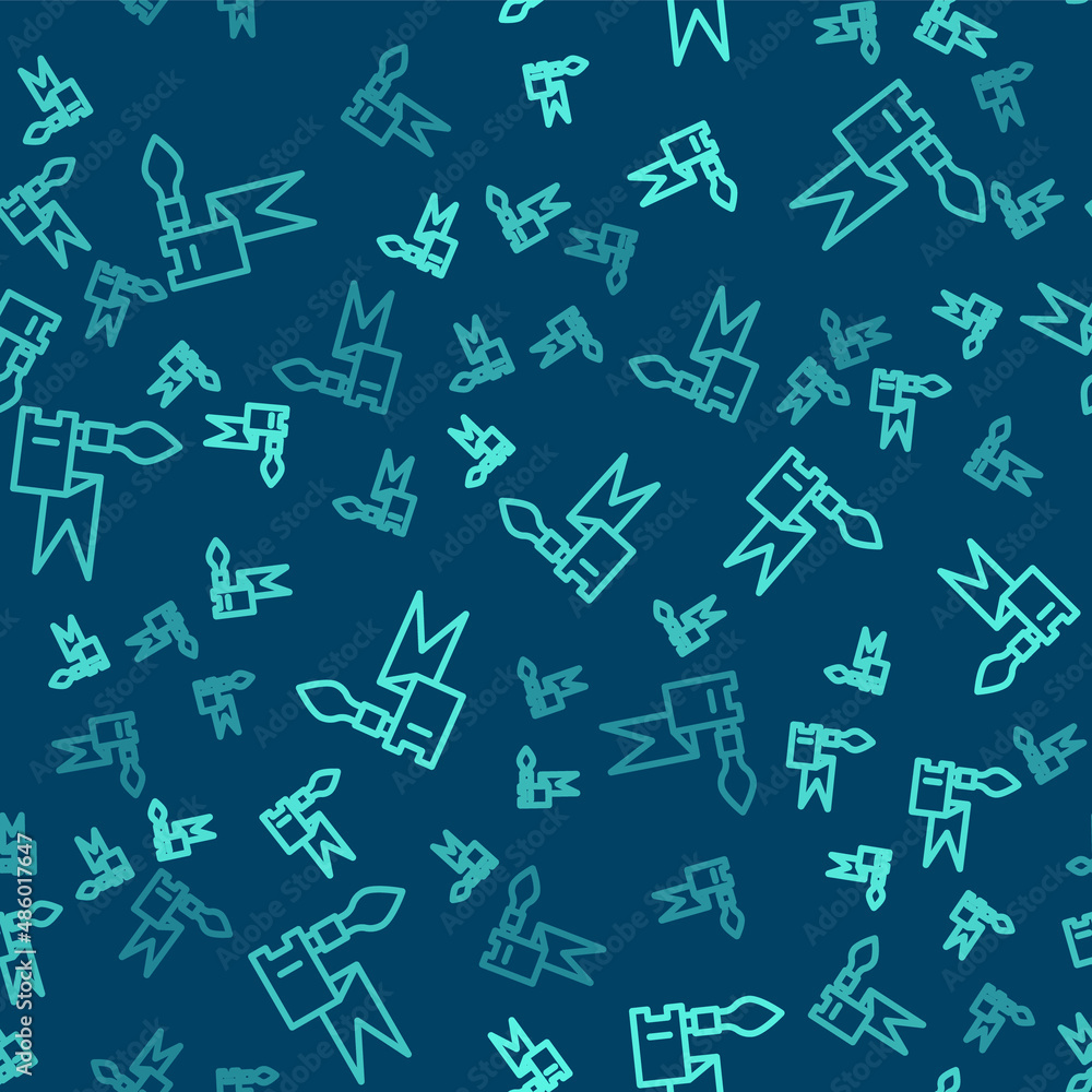 Green line Medieval spear icon isolated seamless pattern on blue background. Medieval weapon. Vector Green line Medieval spear icon isolated seamless pattern on blue background. Medieval weapon. Vector